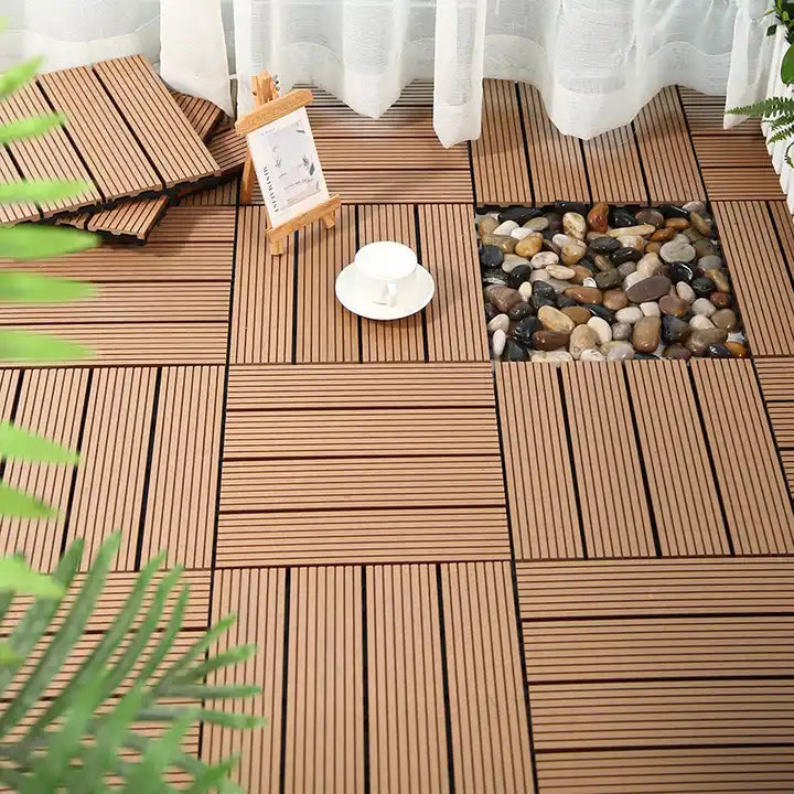 WPC Tile Teak Wood Composite Waterproof Interlocking Flooring Wood Deck Tile Plastic Base Outdoor DIY Floor Tiles